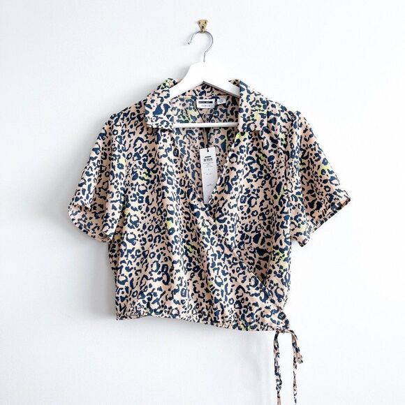 Noisy May - Clara S/S Wrap Crop Shirt (Hazelnut Leo) // Size Large // BNWT - Picture 1 of 7